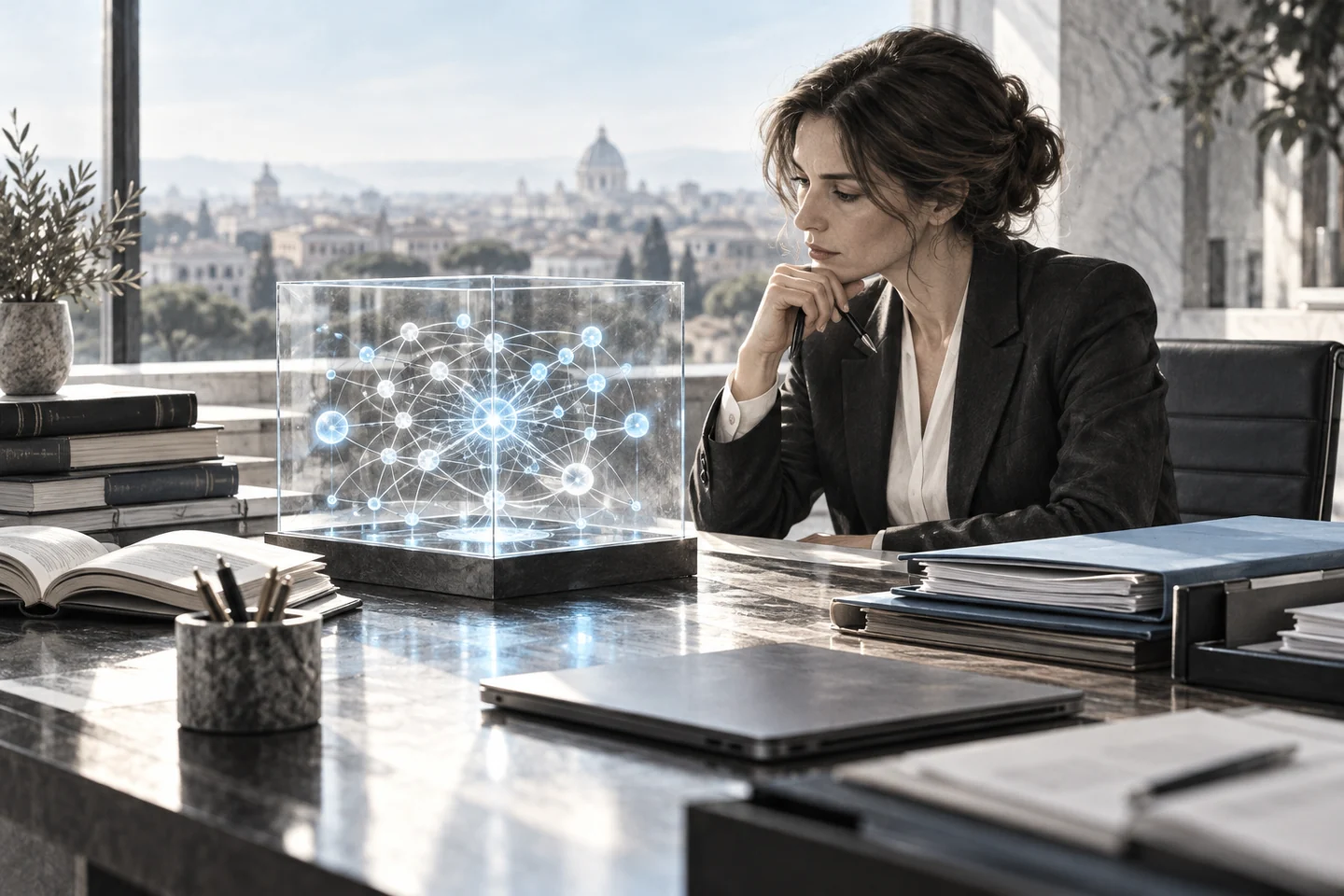 Una persona esamina documenti e un sistema digitale: l’impresa deve comprendere e verificare l’uso dell’intelligenza artificiale.