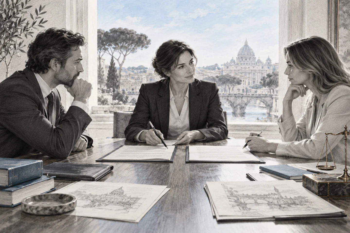 Due parti confrontano gli accordi con l’aiuto di un professionista: ricostruire prima di discutere una soluzione.