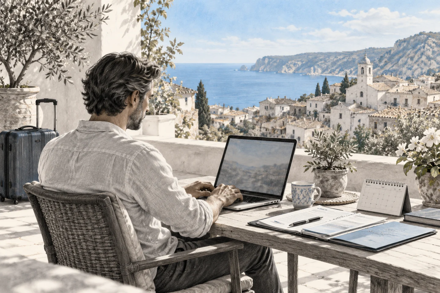 Fernarbeit aus Italien: neben dem Computer Aufenthalt, Tätigkeit und persönliche Lage prüfen.